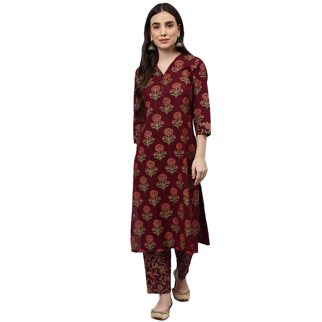 idaLia Maroon Gold Printed Cotton Kurta Set
