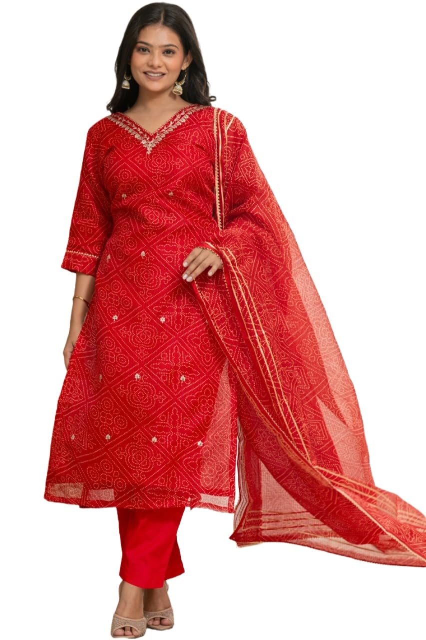 ANNI DESIGNER Womens Rayon Viscose Straight Bandhej Printed Kurta with Pant and Dupatta (SILPIKA RED_S_RED_Small)