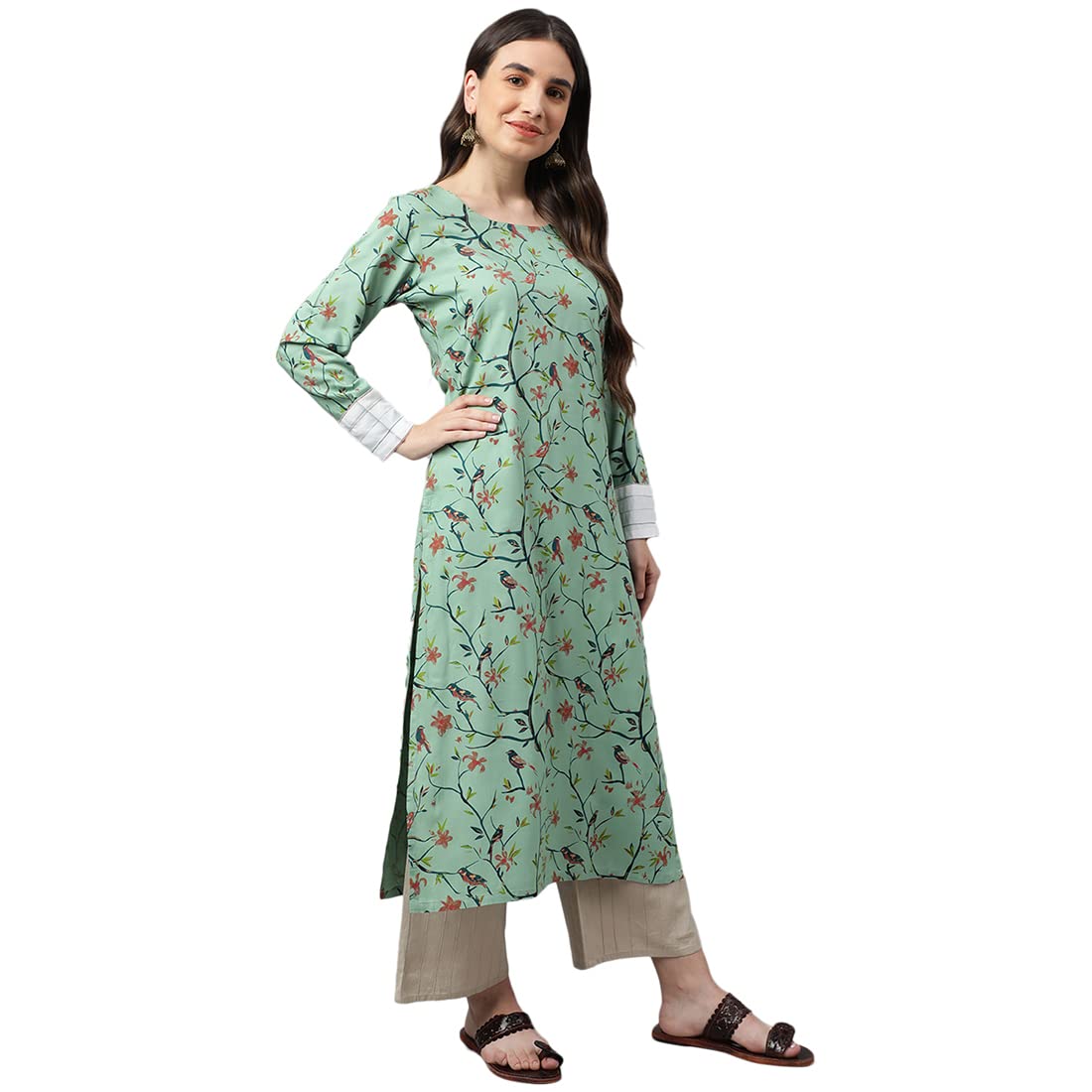 idaLia Multicolour Bird Print Rayon Kurta