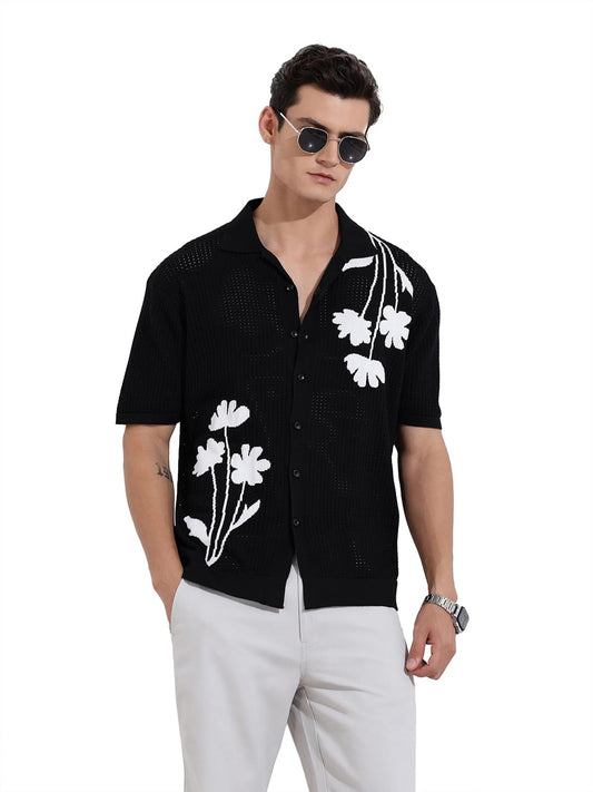 The Indian Garage Co Mens Oversized Fit Textured Collar Half Sleeves Resort Sweater