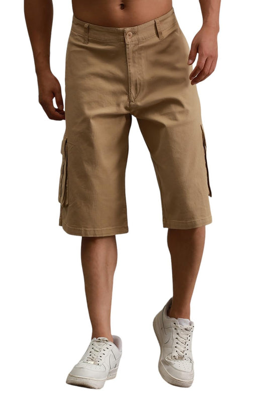 Hubberholme Khaki Cotton Regular Fit Mid-Rise Knee Length Shorts