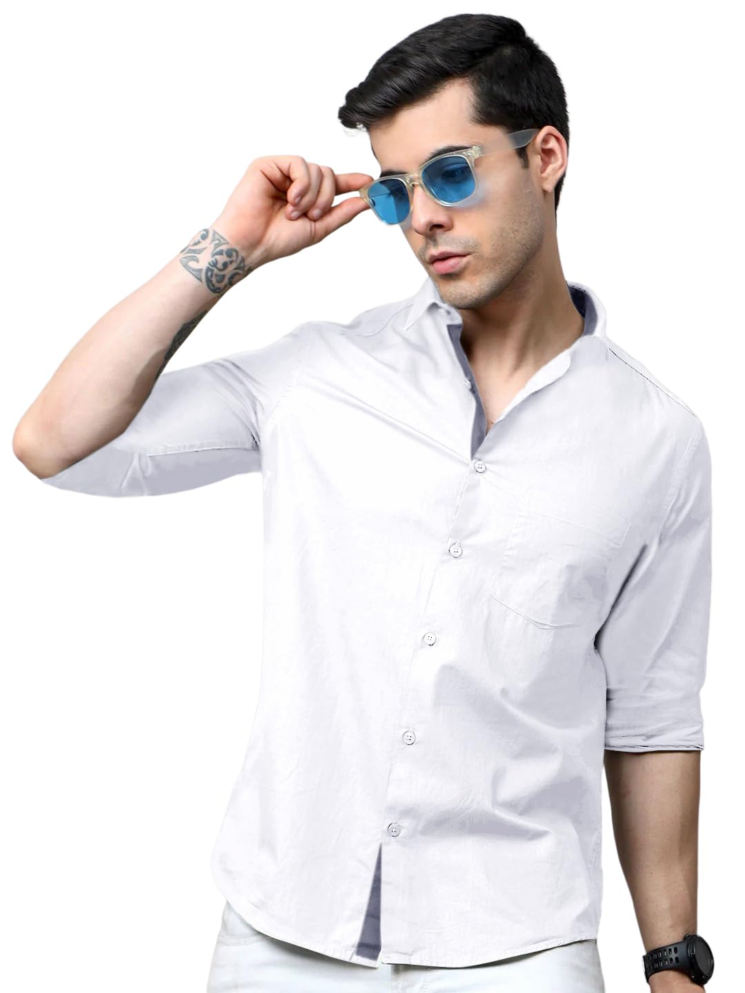 Pinkmint Cotton Soild Shirt for Men Long Sleev Spread Collar Pattern Formal Shirt, Casual Wear Off White