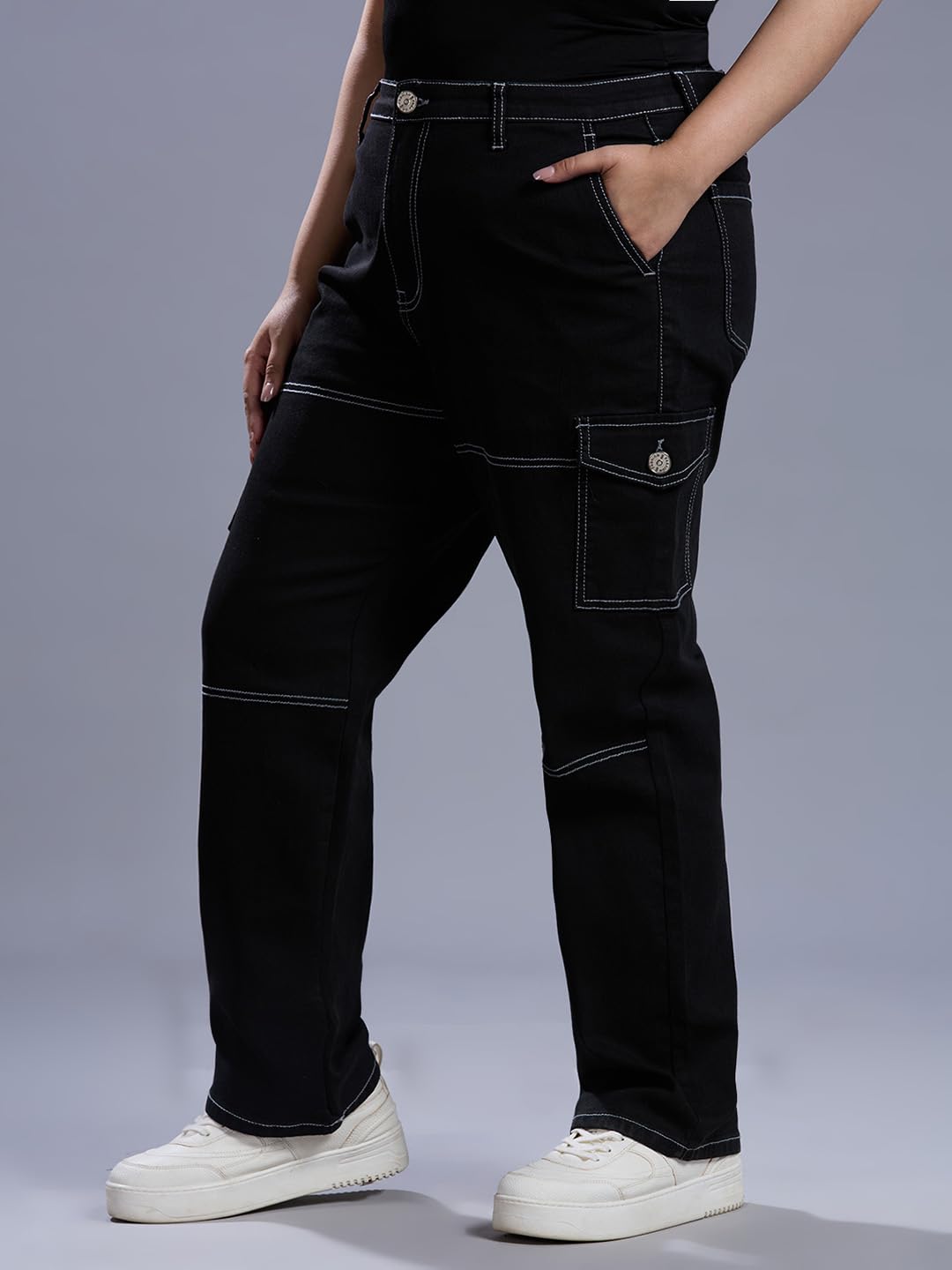 Style Quotient Women Plus Size Black Relaxed Fit High Rise Stretchable Cargos
