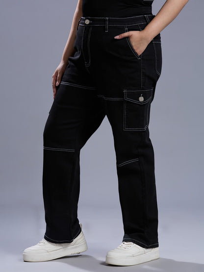 Style Quotient Women Plus Size Black Relaxed Fit High Rise Stretchable Cargos