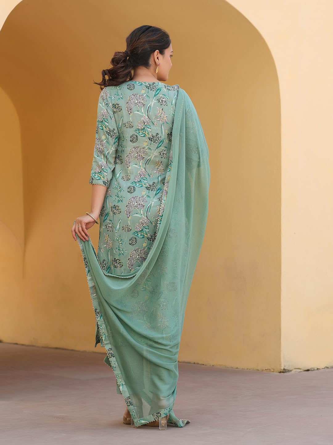 GoSriKi Women's Rayon Blend Printed Kurta with Pant & Dupatta, 3XL, Green, Model VICE-GS