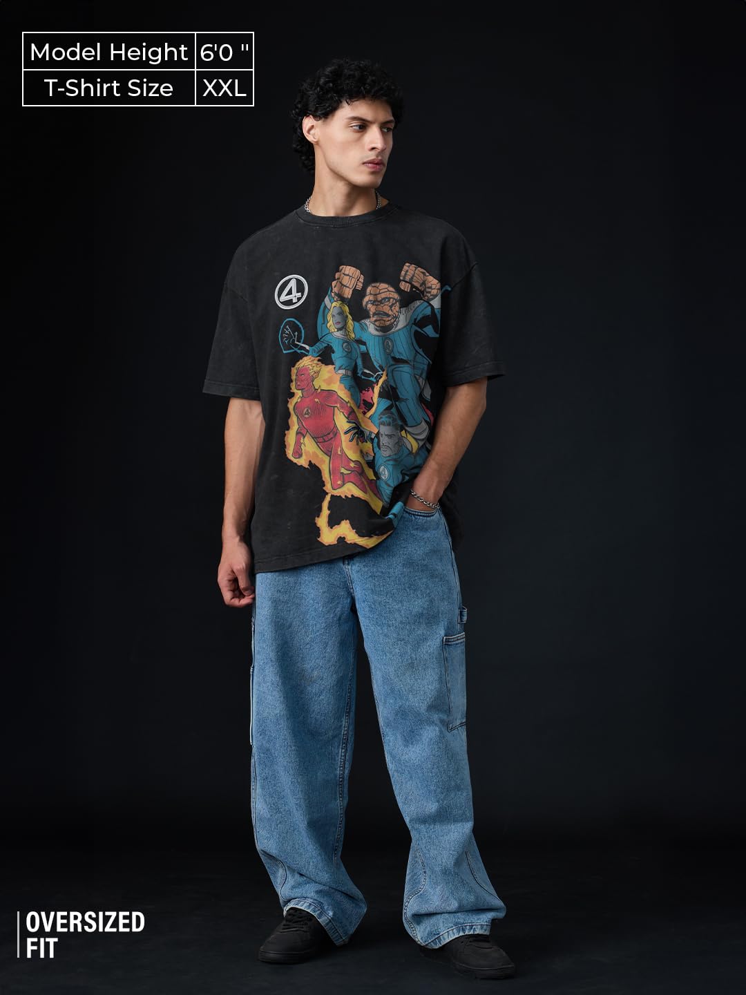 The Souled Store Marvel: Fantastic Four Men and Boys Short Sleeves Round Neck Black Graphic Printed Cotton Lightweight Breathabl