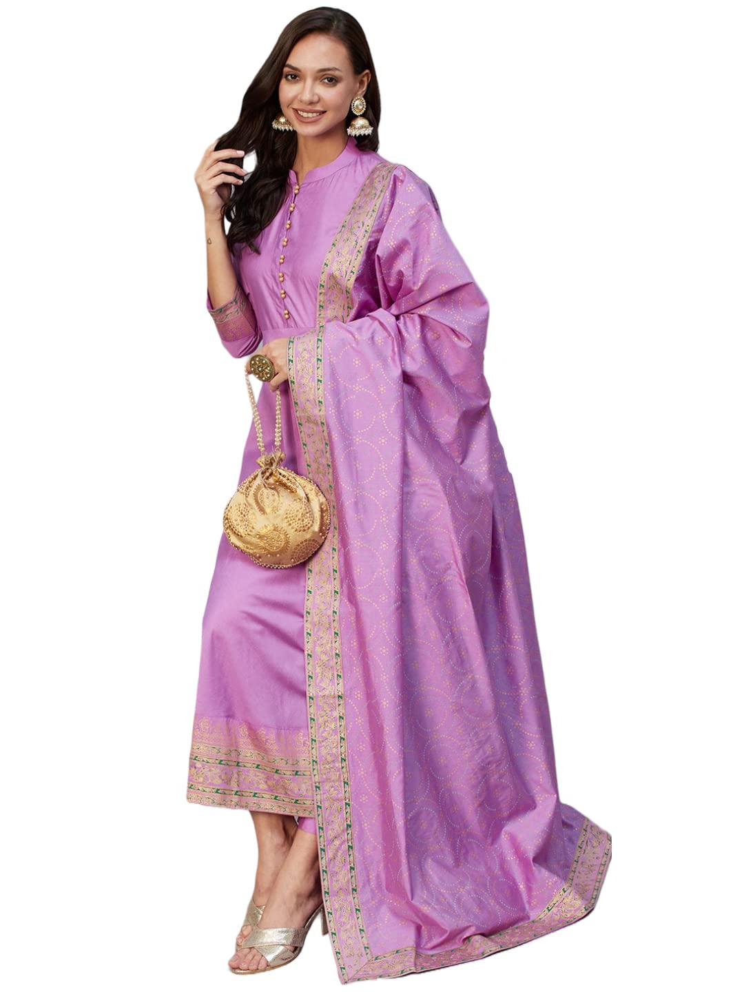 ANNI DESIGNER Womens Cotton Blend Solid Anarkali Kurta with Pant & Dupatta (Panchali-Purple-Nw_XL_Purple_X-Large)