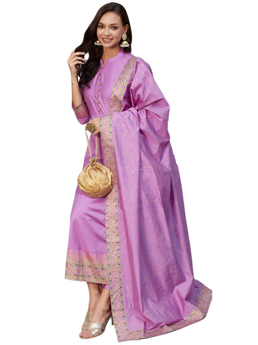 ANNI DESIGNER Womens Cotton Blend Solid Anarkali Kurta with Pant & Dupatta (Panchali-Purple-Nw_XL_Purple_X-Large)
