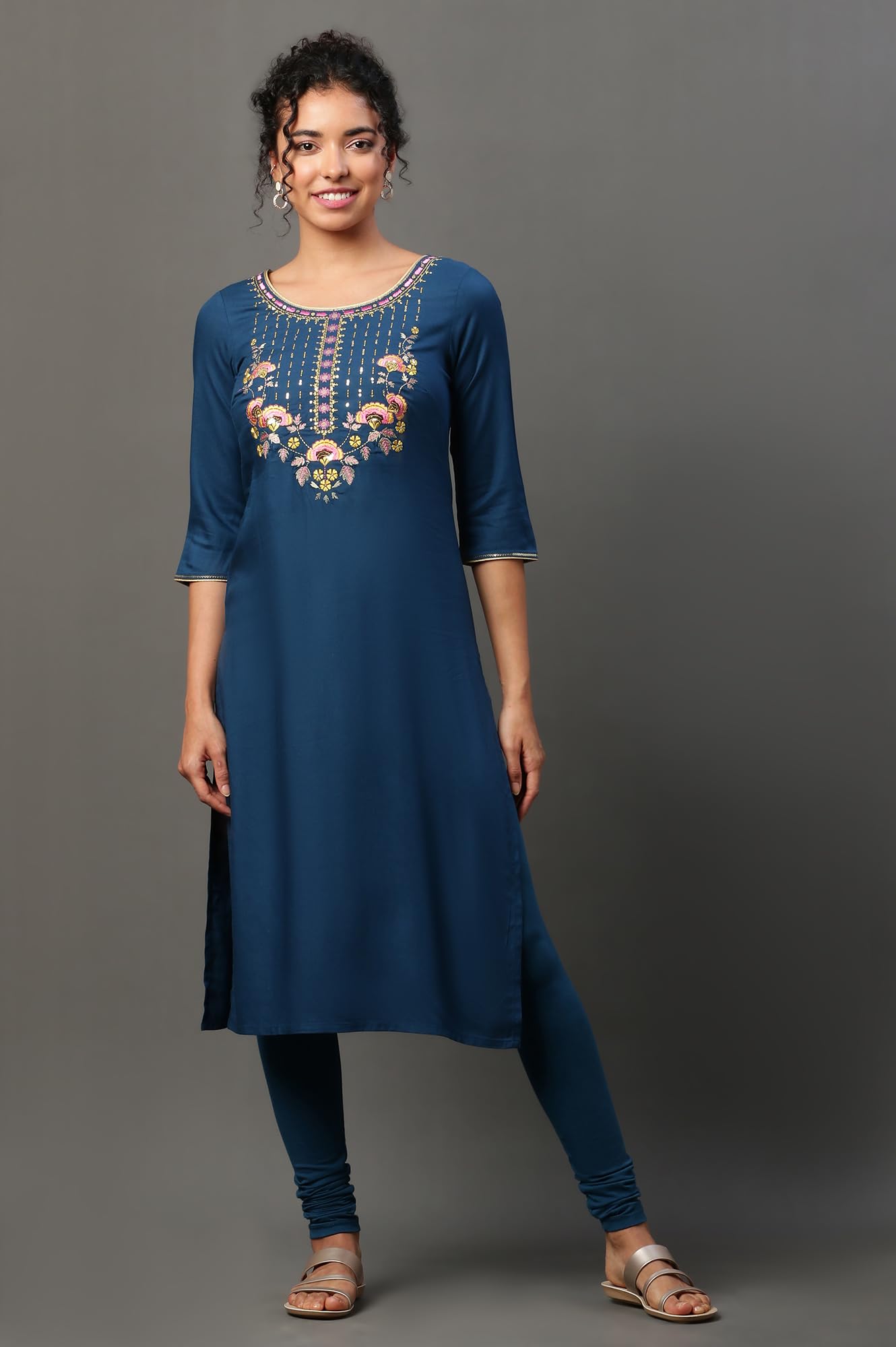 Aurelia WomenS Solid Zari Embriodery Straight Kurta | Lightweight Round Neck Kurta For Women | Solid Kurta For Women | Beautiful