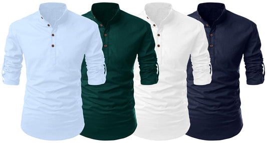 Zombom MenS Cotton Blend Solid Full Sleeve Kurta Shirt, Multicolor, Xl, Combo Set Of 4