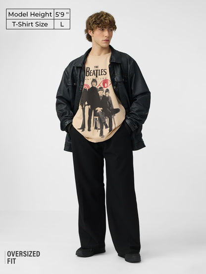 The Souled Store The Beatles: Anthology Men and Boys Short Sleeves Round Neck Beige Graphic Printed Cotton Oversized T-Shirts