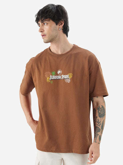 The Souled Store Official Jurassic Park: Roaring Times Men and Boys Short Sleeves Round Neck Brown Graphic Printed Cotton Oversi