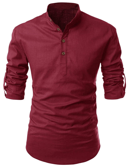 Zombom MenS Solid Cotton Blend Casual Regular Fit Mandarin/Chinese Collor Full Sleeve Kurta Shirt For Men Maroon