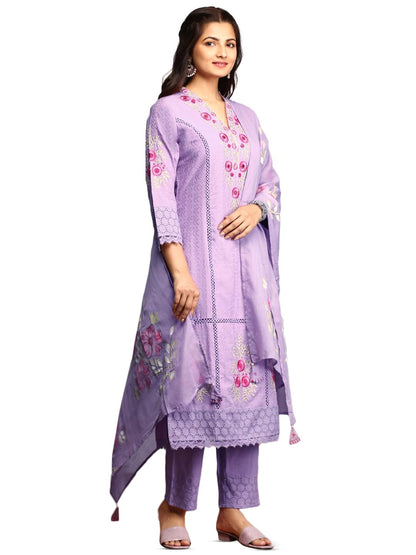 Ishin Women Purple Cotton Kurta Set With Dupatta