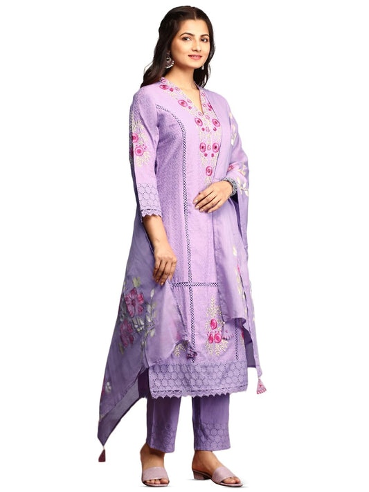 Ishin Women Purple Cotton Kurta Set With Dupatta