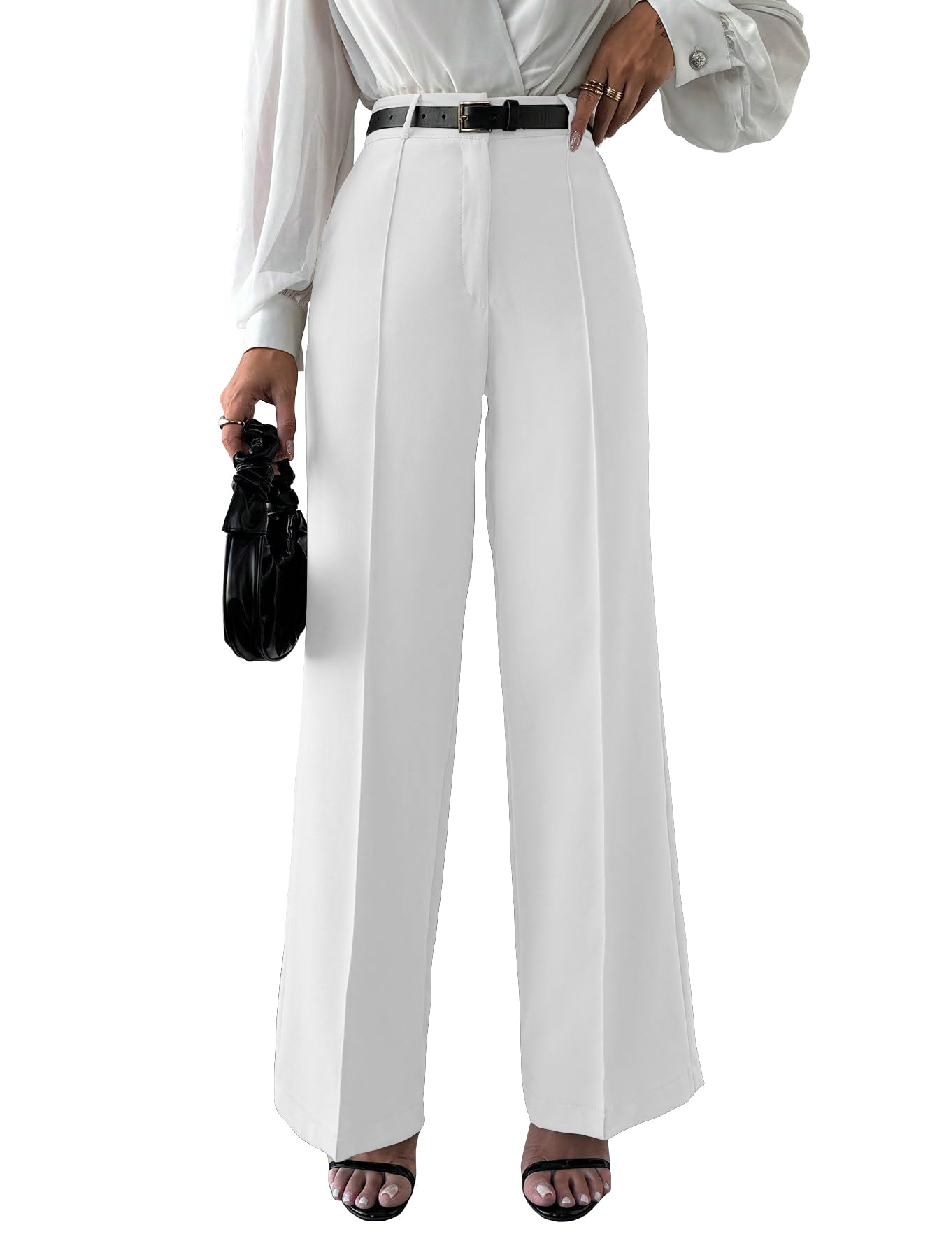 Shasmi Womens Solid White Color High Waist, Wide Straight-Leg Loose Fit, Front Button Closure, Simple Daily Casual Long Pants w