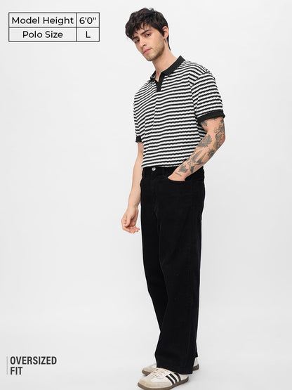 The Souled Store Jacquard Polo: Monochrome Men and Boys Short Sleeves Collared Neck Striped Cotton Blend Streetwear Trendy Drop