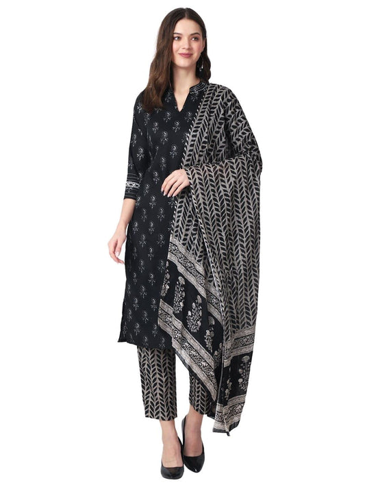 rytras Women's Rayon Black and Grey Printed Straight Kurta with Palazzos Pants and Dupatta Set