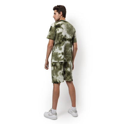 Campus Sutra Mens Green Tie-Dye Regular Fit Co-Ords for Winter Wear | Half Sleeve Shirt | Collared Neck | Shorts | Textured Clo