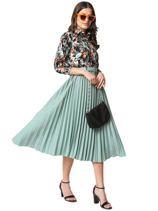 Kzully WomenS Print 3/4 Sleeve Pleated Midi Dress With Belt