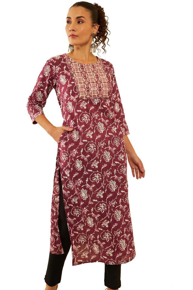 Soch Womens Wine Cotton Ajrak Printed Kurta With Sequinned Zari Work