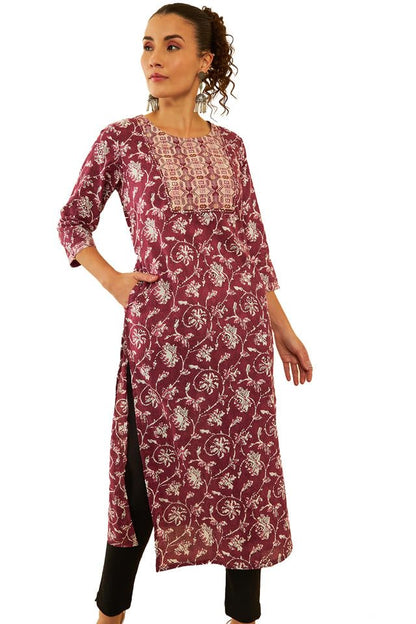 Soch Womens Wine Cotton Ajrak Printed Kurta With Sequinned Zari Work