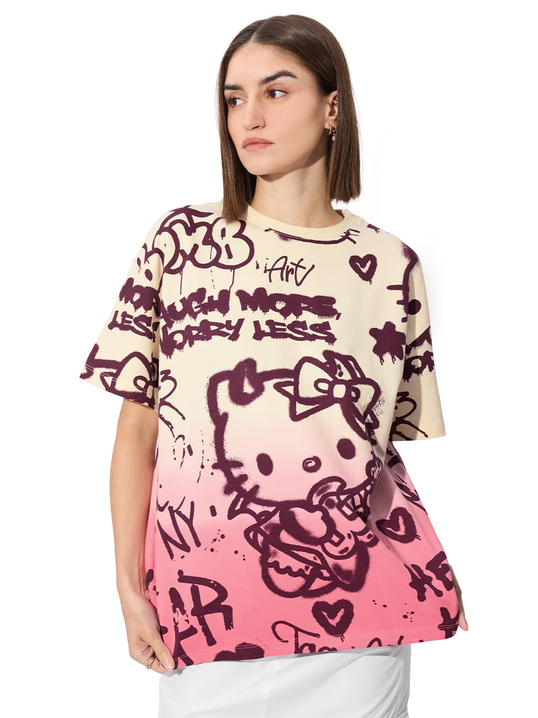 The Souled Store Official Hello Kitty: Laugh More Women and Girls Short Sleeve Round Neck Graphic Printed Cotton Oversized T-Shi