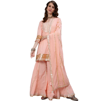 ishin Women's Pure Cotton Embroidered Gotta Patti Peach Checked Print Straight Kurta suit set With Dupatta & Sharara