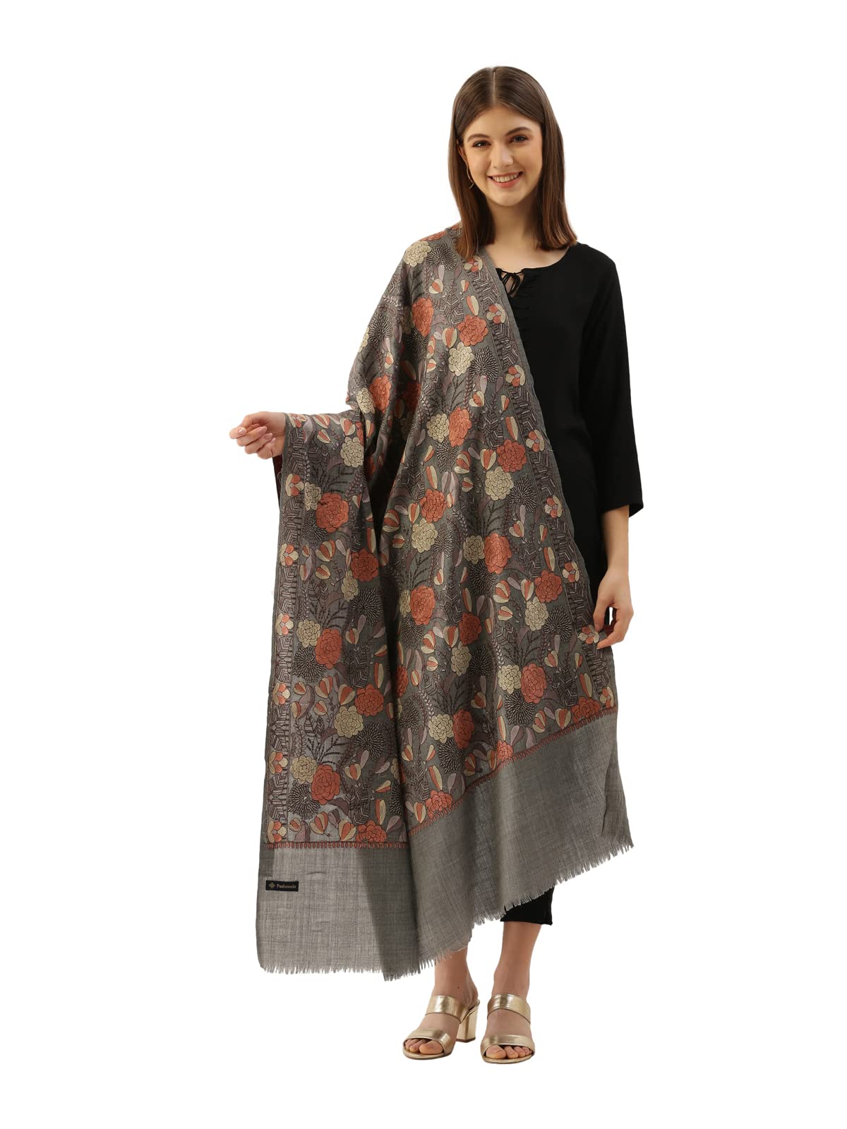 Pashmoda Women Bahaar Pure Wool Aari Embroidered Shawl (Size : 101X203 CM)