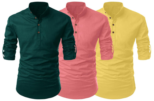 Finivo Fashion Combo Of MenS Cotton Blend Solid Full Sleeve Short Kurta