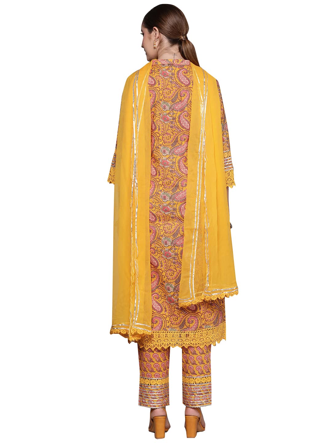 ishin Women's Cotton Blend Mustard Embroidered A-Line Kurta Set with Trouser and Dupatta