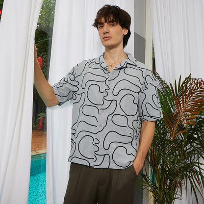 Campus Sutra Mens Cloud Grey Abstract-Lined Oversized Shirt for Casual Wear | Cuban Collar | Short Sleeve | Button Closure | Ov