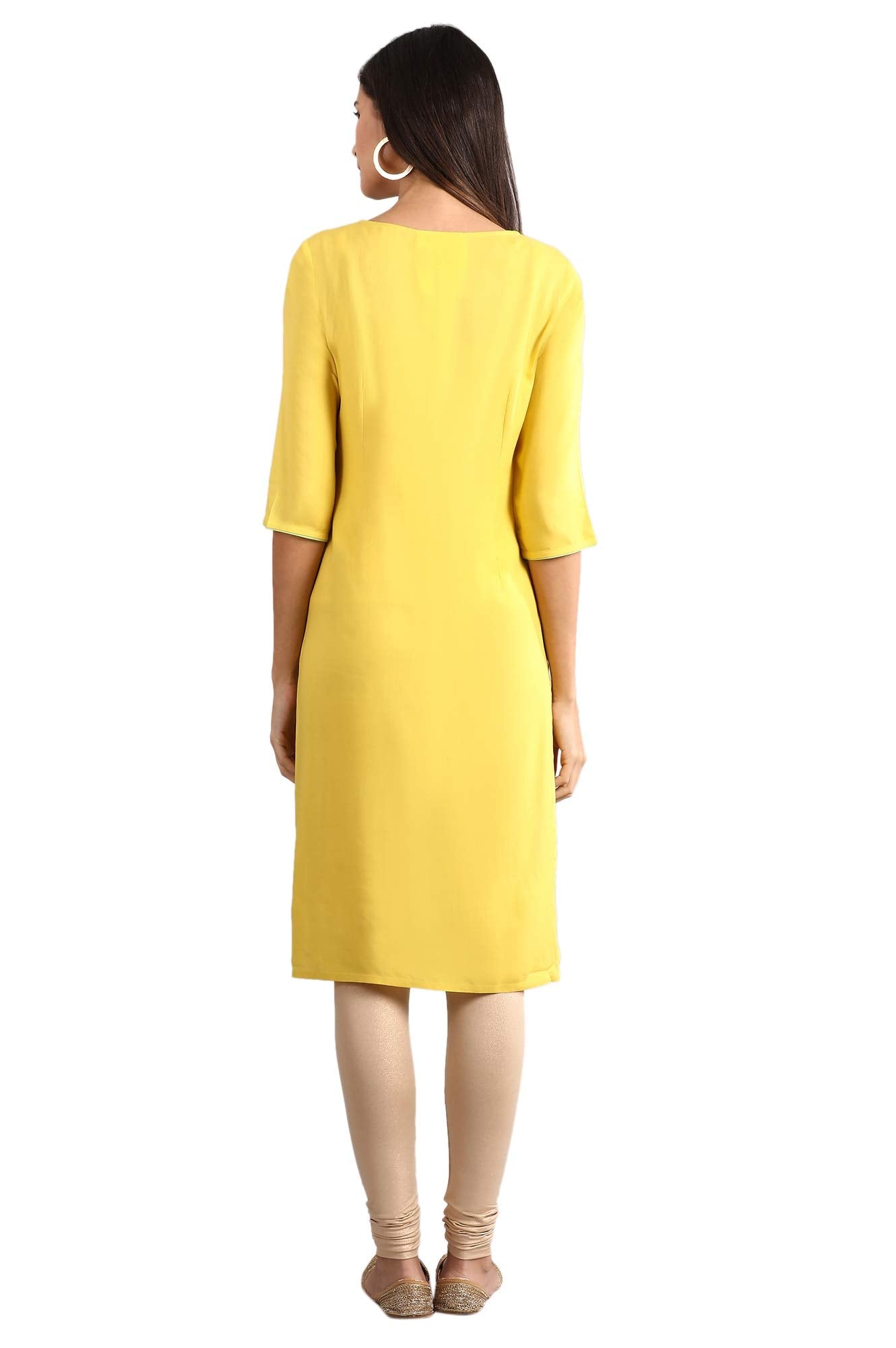 Aurelia Women's Rayon Yellow Round Neck Printed Liva Kurta Knee Length