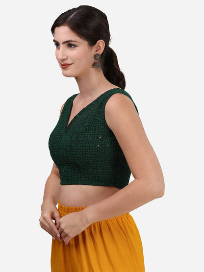 OOMPH! Womens Indian Ethnic Wear Designer Square Leaf Pattern V Neck Sleeveless Cotton Dark Green Blouse for Saree or Lehnga an