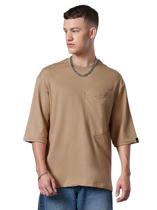 Bewakoof Mens Solid Super Loose Fit Half Sleeve Round Neck Terry T-Shirt 597313 Brown_XL