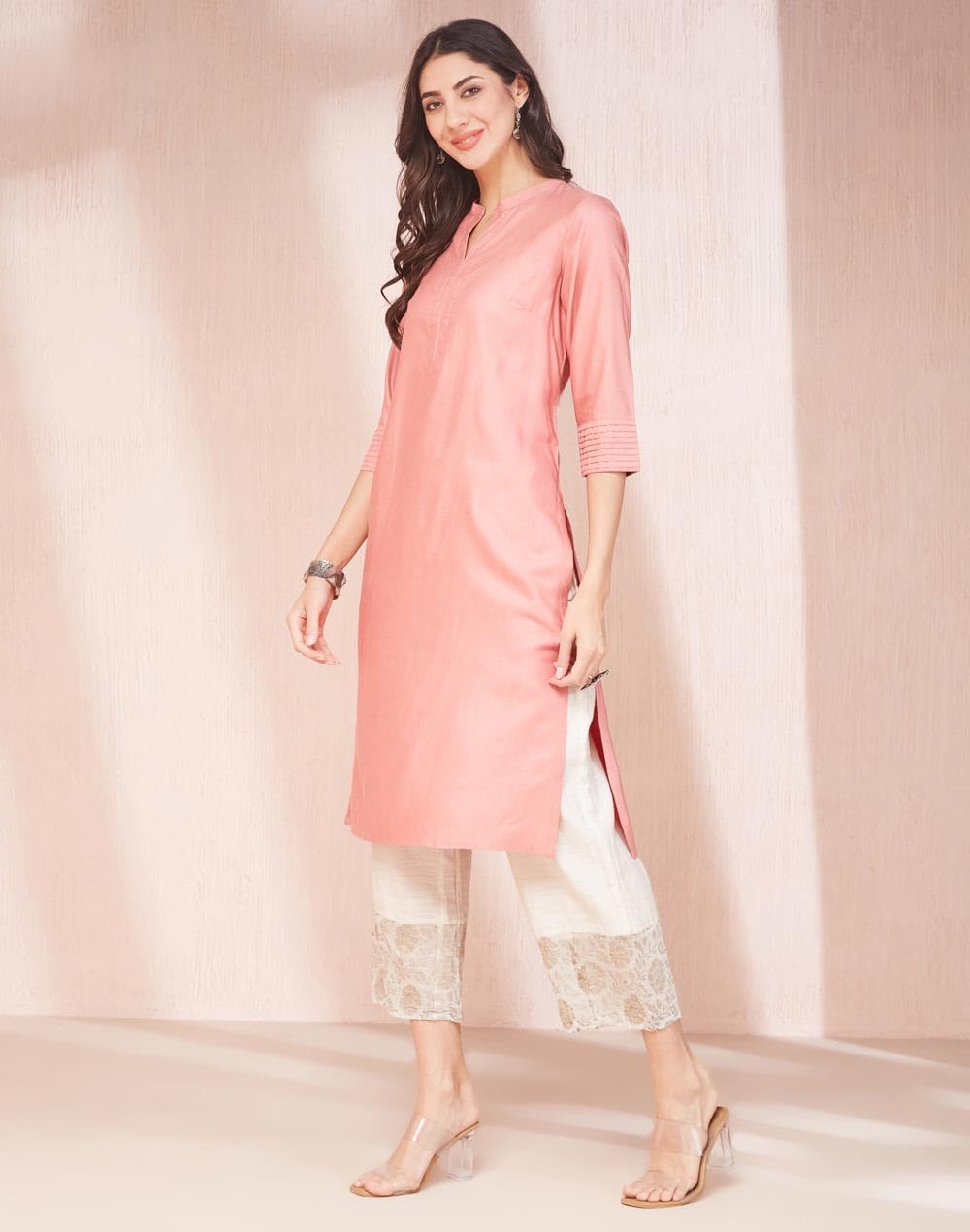 Fabindia WomenS Viscose Silk Solid Regular Kurta (1038026Peach_Peach