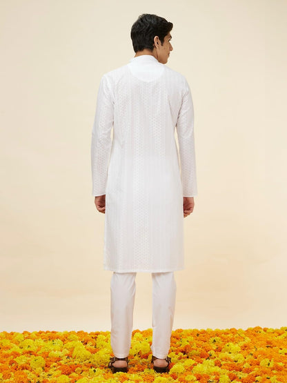 Manyavar MenS White Cotton Self Design Kurta Pyjama Set