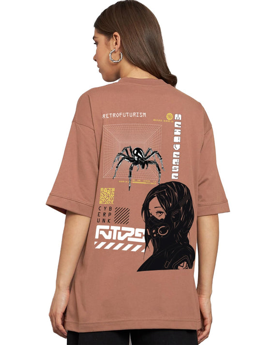 Juneberry Pure Cotton Round Neck Half Sleeve Oversized Baggy Fit Drop Shoulder Back Printed Cork T-Shirt For Women (Os_J_Retro_C
