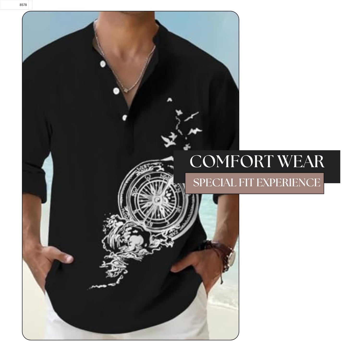Deemoon MenS Cotton Blend Mandarin Collar Self One Design Full Sleeve Casual Short Kurta Black