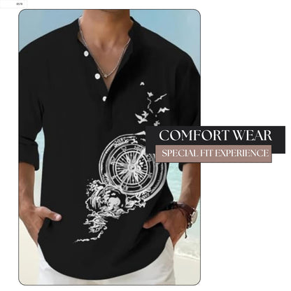 Deemoon MenS Cotton Blend Mandarin Collar Self One Design Full Sleeve Casual Short Kurta Black