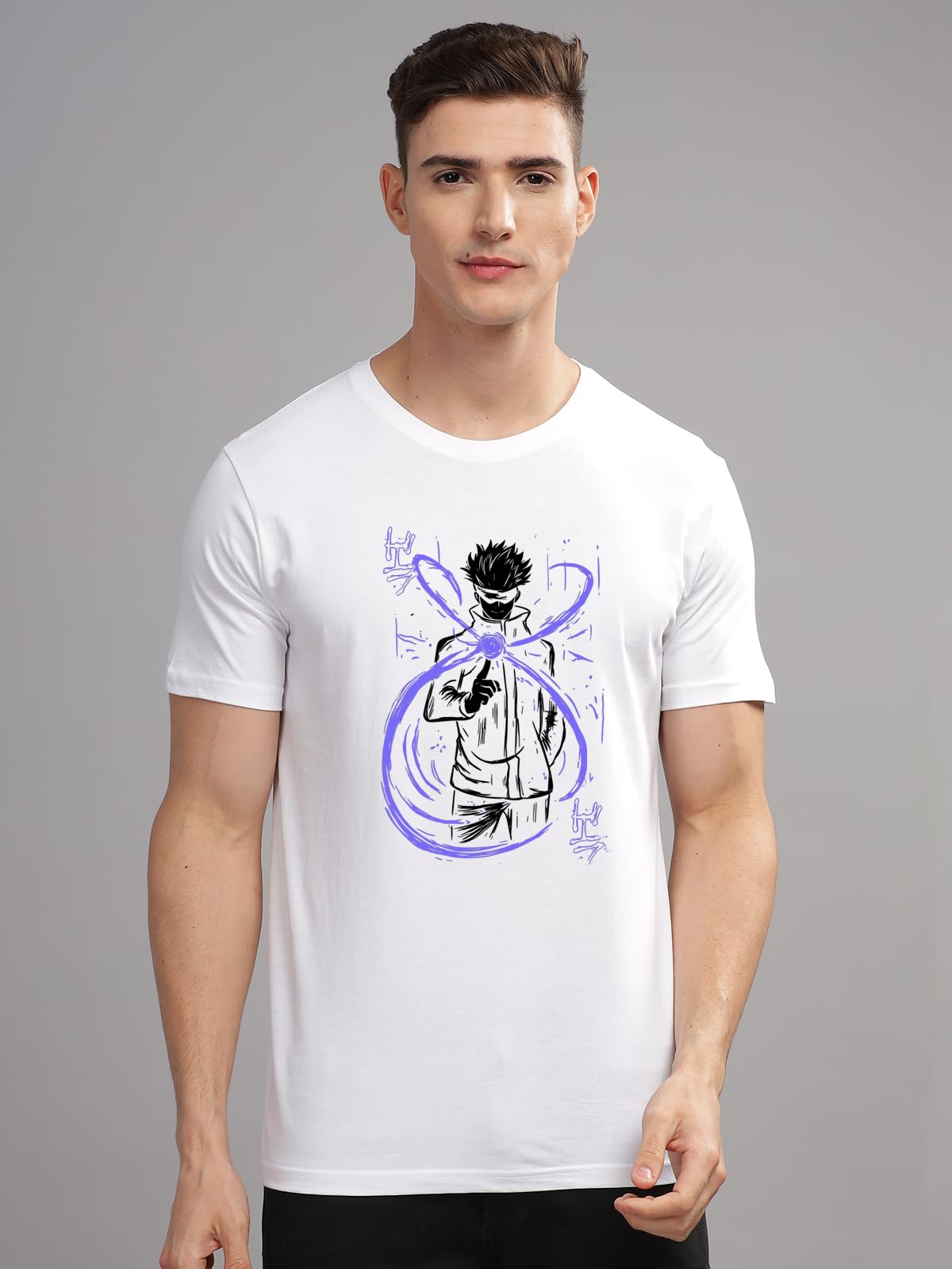 ADRO Mens Anime T Shirt - Premium Cotton Anime Gojo Tshirt - Perfect for Anime Fans Print and Comfortable Fit White T-Shirt|RN24