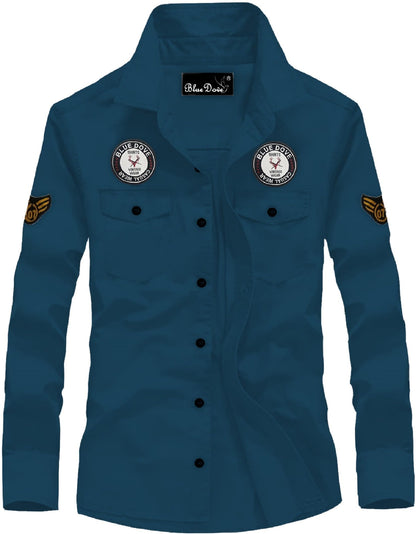 Kadiyu MenS Cotton Blend Shirt With Pockets Full Sleeves Round Collar Neck Botton Down Closure Solid Pattern Relaxed Fit And St