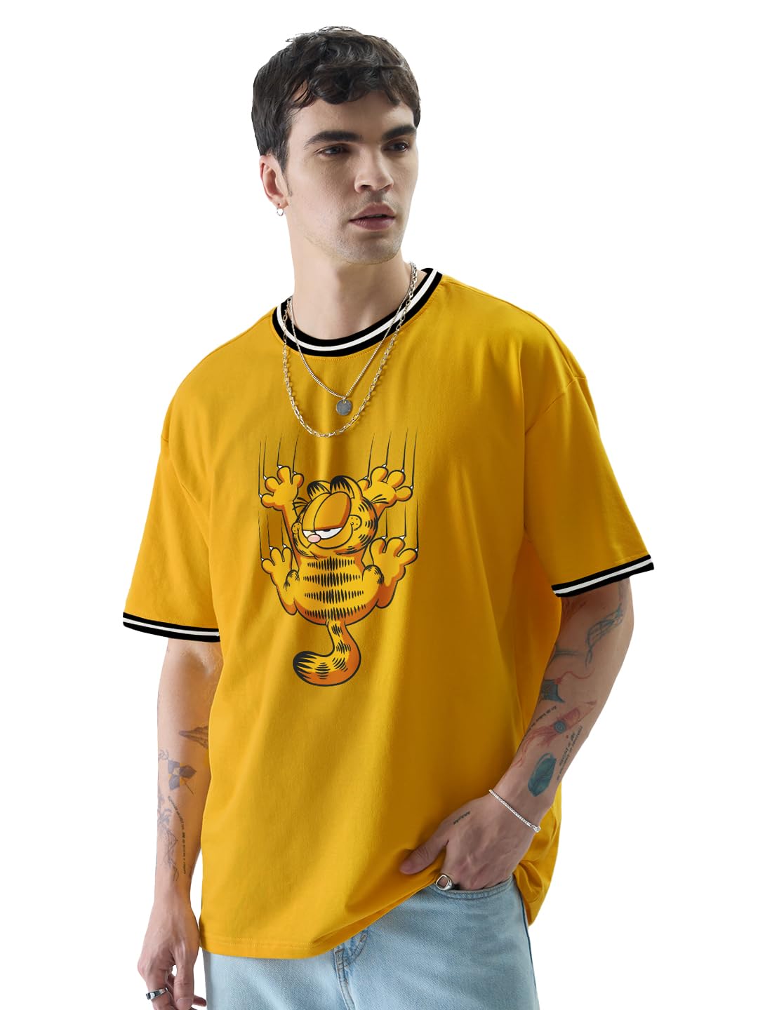 The Souled Store|Garfield Clingy Round Neck Mens and Boys T-Shirt|Graphic Printed Half Sleeve|100% Cotton Oversized|Yellow Color