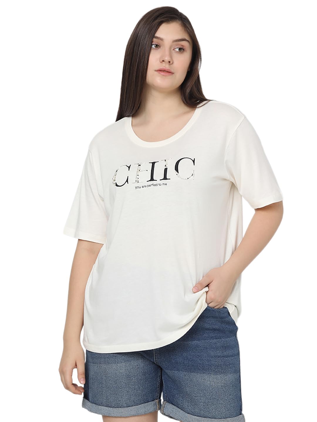 Vero Moda Curve Women Embellished White Cotton Relaxed Fit T-Shirt