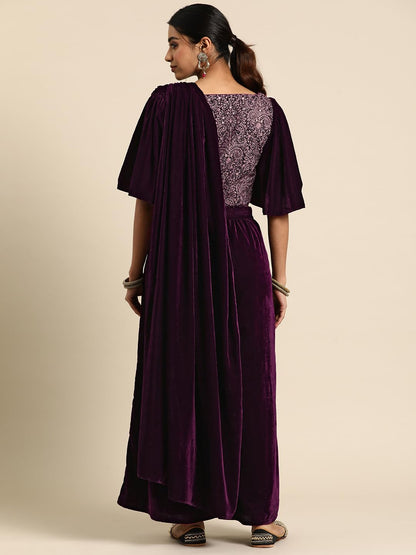 Libas WomenS Velvet Saree (34768_Wine)