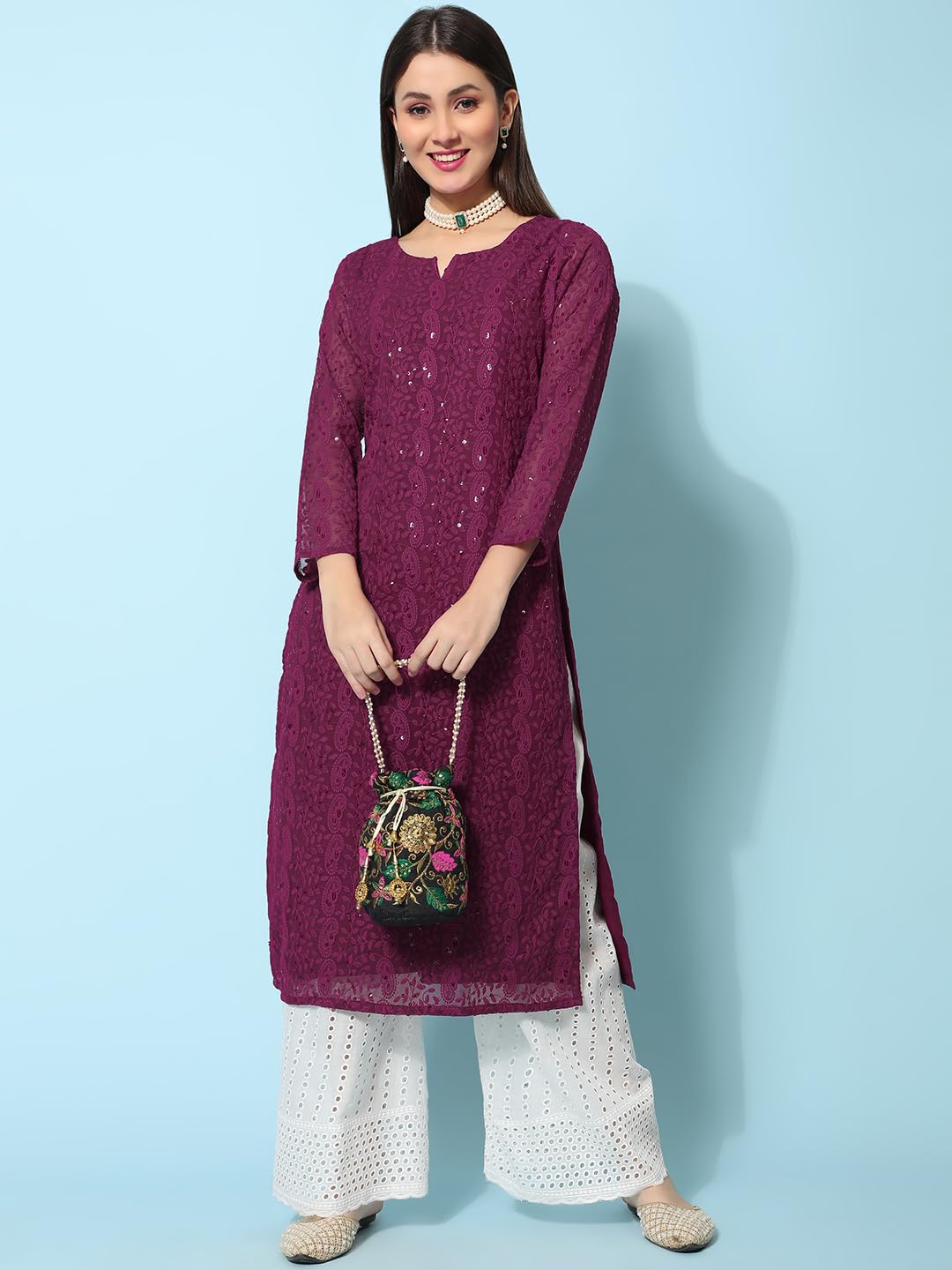 Gufrina WomenS Georgette Straight Kurta Palazzo With Notch Neck 3/4Th Sleeves Solid Pattern Chikankari Work Calf Length And Reg