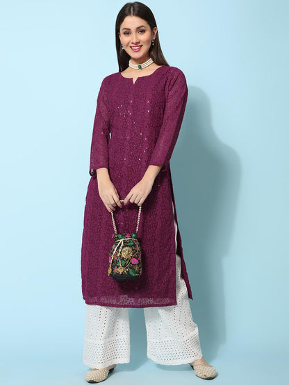 Gufrina WomenS Georgette Straight Kurta Palazzo With Notch Neck 3/4Th Sleeves Solid Pattern Chikankari Work Calf Length And Reg