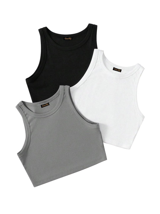 Toochki Tops for Woman | Spandex Top | Crop | Short | Western | for Jeans | Sleeveless | Pack of Three | Stretchable | Black-Whi