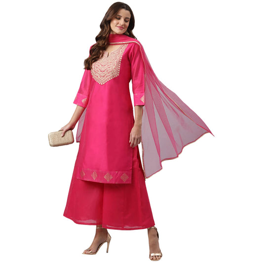 ANNI DESIGNER Women's Cotton Blend Straight Solid Kurta with Palazzo & Dupatta (with Rani)