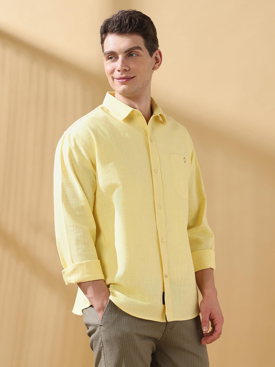 Dennis Lingo Men Panna Cotta Solid Spread Collar Full Sleeves Regular Fit Shirts Yellow